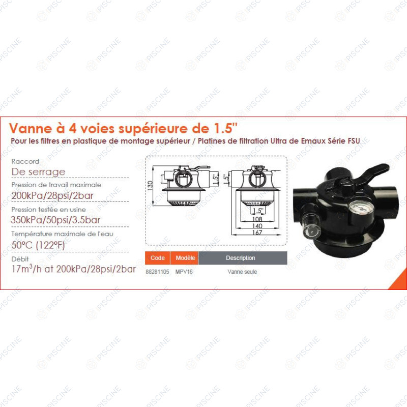 Vanne Top 4 voies filtre Emaux MPV16 Vanne Top 4 voies filtre Emaux MPV16