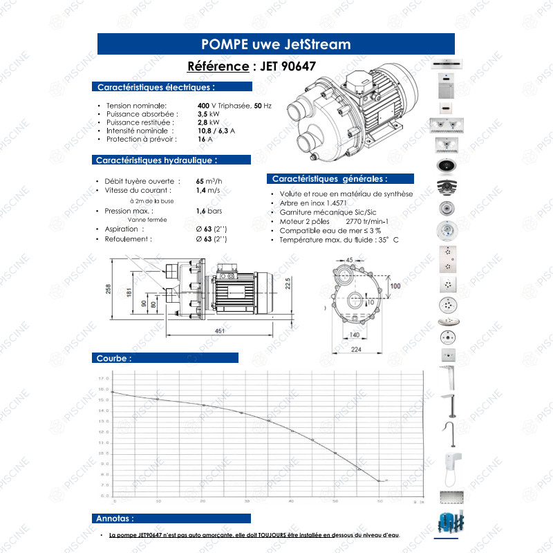 Pompe Tri 3,5Kw - 65m3/h - sans raccord (UWE) Nage à contre courant JetStream VIVA Pompe Tri 3,5Kw - 65m3/h - sans raccord (UWE) Nage à contre courant JetStream VIVA