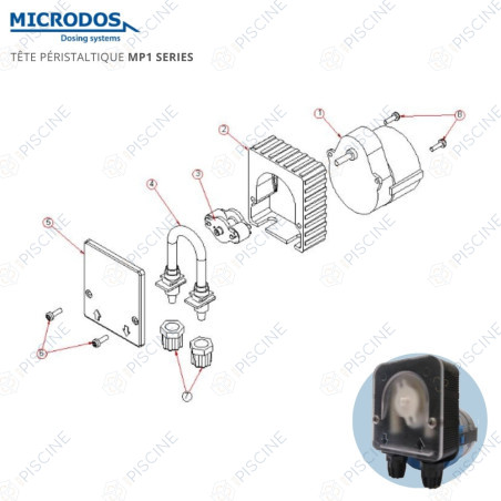 Vue éclatée pompe doseuse MP1 tête péristaltique (Microdos)
